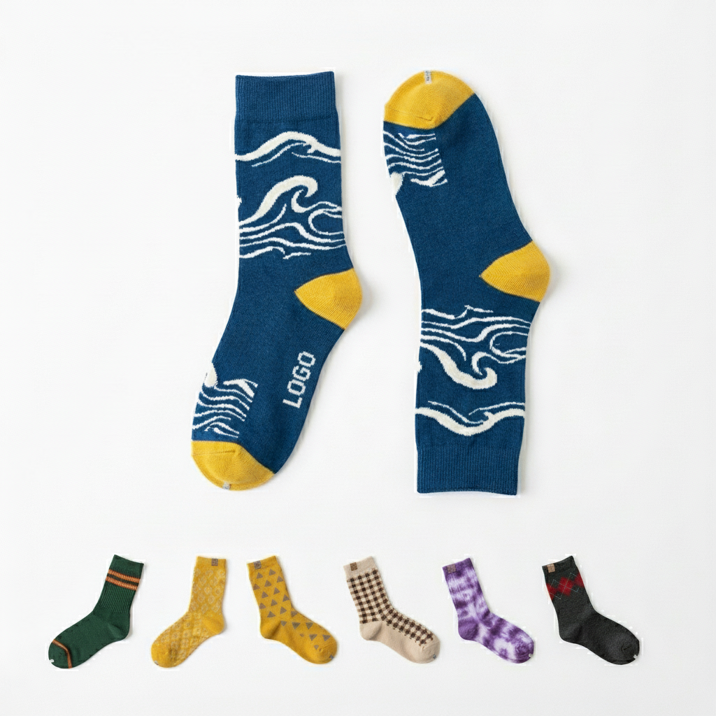 Custom Woven Jacquard Logo Cotton Crew Socks for Casual & Sport Wear