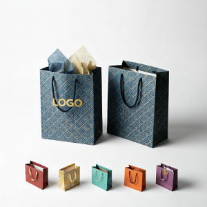 Blue & Gold Patterned Gusseted Retail Paper Bag